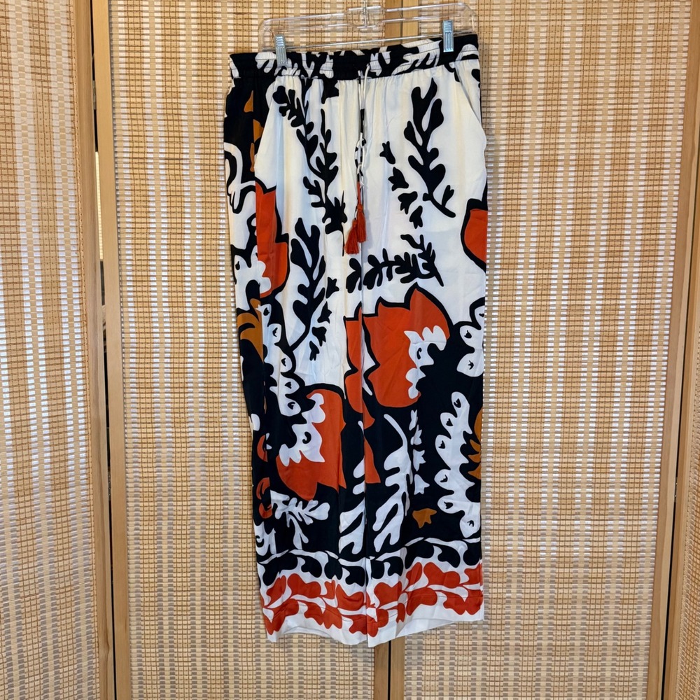 Rachel Zoe Womens Large Abstract Floral Wide Leg Drawstring Tassel Pants NWT